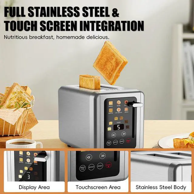 Alt view image 7 of 7 - Touch Screen Toaster 2 Slice,Smart Digital Toaster with 1.5" Wide Slots,6 Shade Settings & 6 Bread Types,Memory Function,Countdown Timer,Brushed Stainless,Ideal Kitchen Gift & Essential