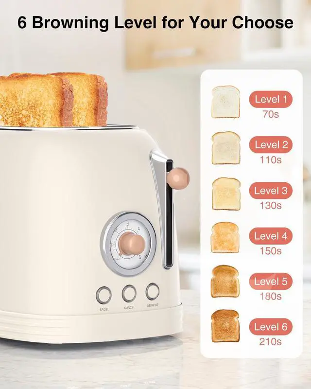 Alt view image 4 of 7 - 2-Slice Toaster, Extra Wide Slots Toaster, Retro Stainless Steel with Bagel, Cancel, Defrost, Reheat Function and 6-Shade Settings, Removal Crumb Tray, Cream