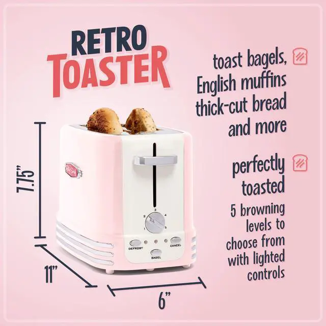 Alt view image 2 of 7 - Retro Wide 2-Slice Toaster, Vintage Design With Crumb Tray, Cord Storage & 5 Toasting Levels, Pink