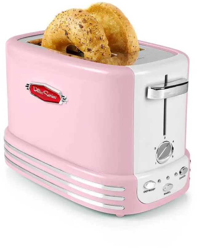 Main image of Retro Wide 2-Slice Toaster, Vintage Design With Crumb Tray, Cord Storage & 5 Toasting Levels, Pink