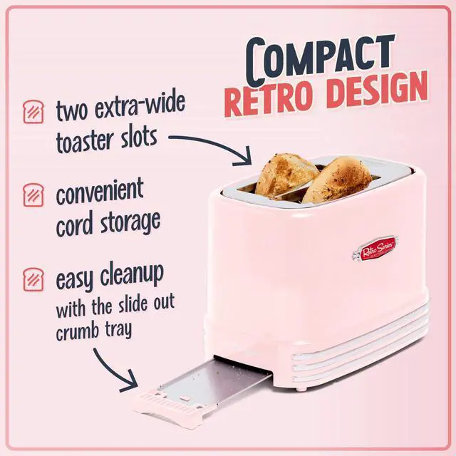 Alt view image 3 of 7 - Retro Wide 2-Slice Toaster, Vintage Design With Crumb Tray, Cord Storage & 5 Toasting Levels, Pink