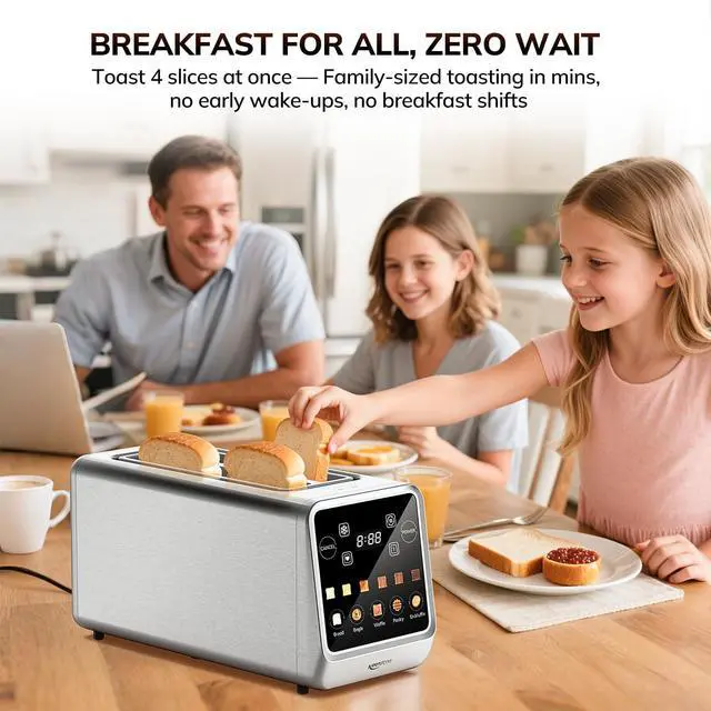 Alt view image 2 of 7 - 4 Slice Touch Screen Toasters with Wide Slot, 1400W Stainless Steel Smart Toaster for Bagels, Waffles, Muffin - Timer, Defrost, Reheat & Memory Function, Family Breakfast Toaster