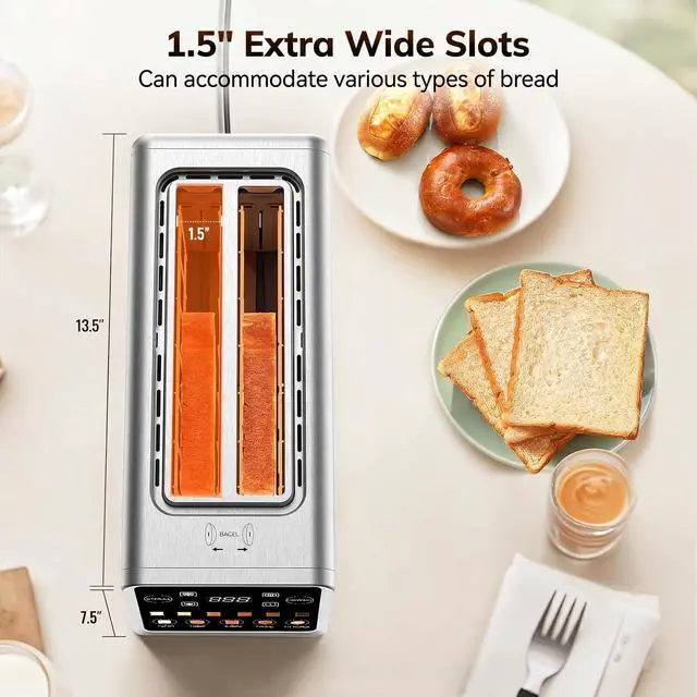 Alt view image 4 of 7 - 4 Slice Touch Screen Toasters with Wide Slot, 1400W Stainless Steel Smart Toaster for Bagels, Waffles, Muffin - Timer, Defrost, Reheat & Memory Function, Family Breakfast Toaster