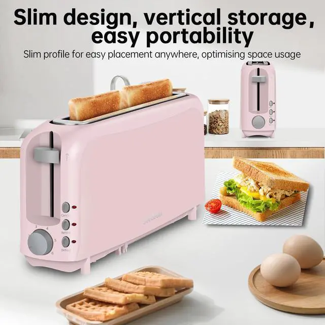 Alt view image 2 of 7 - 2 Slice Slim Toaster, Single 10" Long Slot Toaster Fits Bagels & Artisan Bread, 6 Shade Settings, Cancel/Reheat/Defrost, Removable Crumb Tray, Auto Shut-Off, Pink