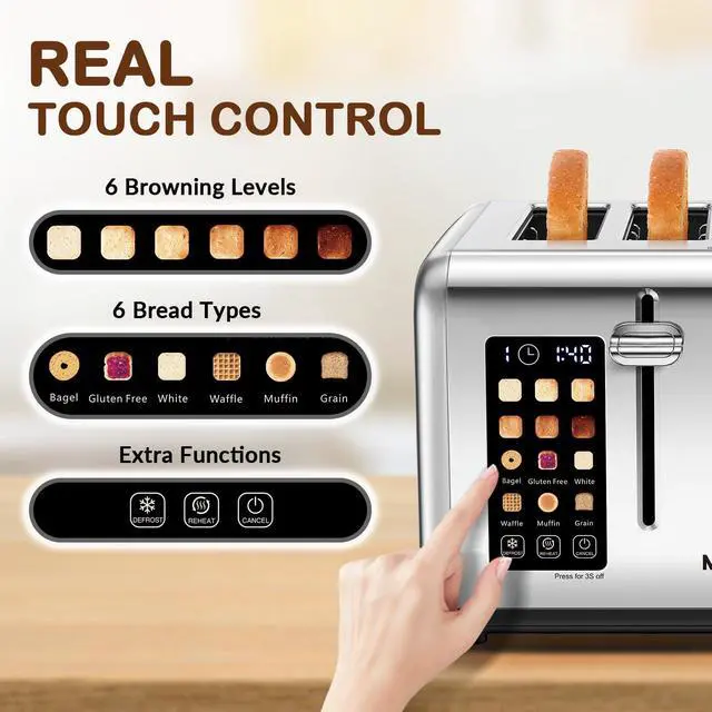 Alt view image 2 of 7 - 4 Slice Toaster with Touch Screen Control, 4 Wide Slots, Stainless Steel Smart Bread Toaster for Bagels, Muffins, Waffles, Dual Control Panel, Timer, Defrost, Reheat, 120V 1650W