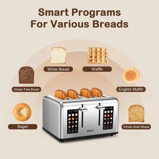 Alt view image 3 of 7 - 4 Slice Toaster with Touch Screen Control, 4 Wide Slots, Stainless Steel Smart Bread Toaster for Bagels, Muffins, Waffles, Dual Control Panel, Timer, Defrost, Reheat, 120V 1650W