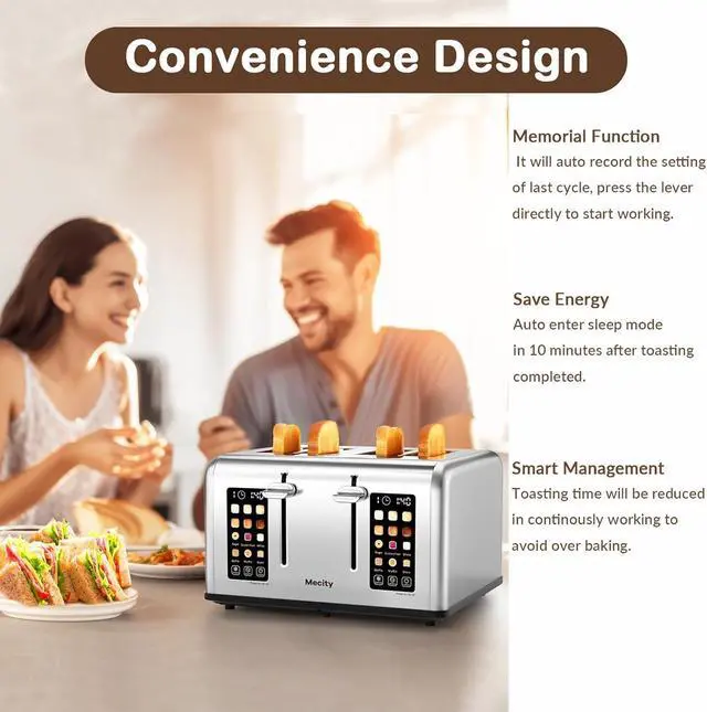 Alt view image 5 of 7 - 4 Slice Toaster with Touch Screen Control, 4 Wide Slots, Stainless Steel Smart Bread Toaster for Bagels, Muffins, Waffles, Dual Control Panel, Timer, Defrost, Reheat, 120V 1650W