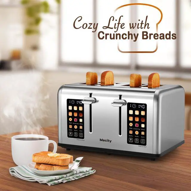 Alt view image 7 of 7 - 4 Slice Toaster with Touch Screen Control, 4 Wide Slots, Stainless Steel Smart Bread Toaster for Bagels, Muffins, Waffles, Dual Control Panel, Timer, Defrost, Reheat, 120V 1650W