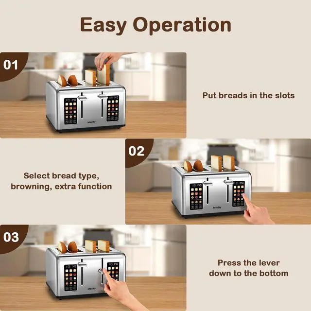Alt view image 6 of 7 - 4 Slice Toaster with Touch Screen Control, 4 Wide Slots, Stainless Steel Smart Bread Toaster for Bagels, Muffins, Waffles, Dual Control Panel, Timer, Defrost, Reheat, 120V 1650W