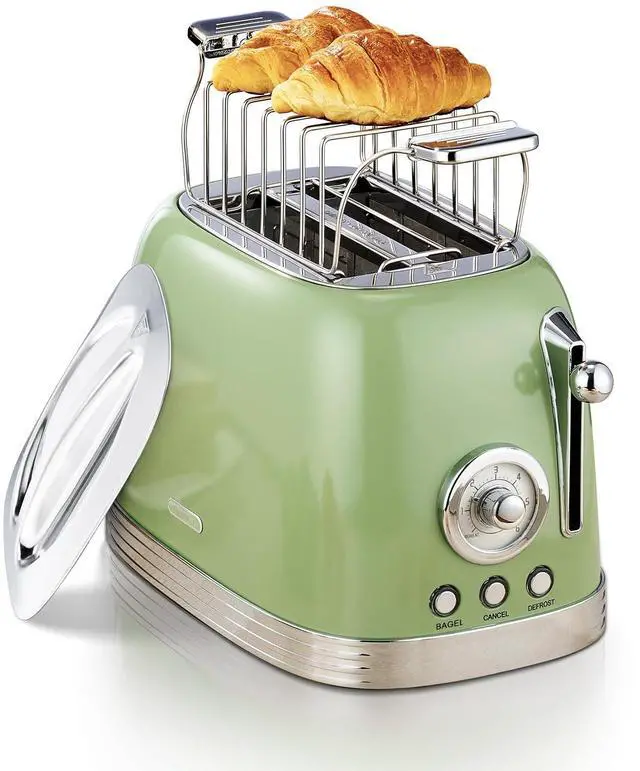 Main image of Green Cute Retro Toaster 2 Slice with 1.58" Wide Slots, with Stainless Steel Lid, with Warming Rack, Preheat, Defrost, Countdown Timer Display