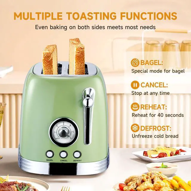 Alt view image 2 of 7 - Green Cute Retro Toaster 2 Slice with 1.58" Wide Slots, with Stainless Steel Lid, with Warming Rack, Preheat, Defrost, Countdown Timer Display