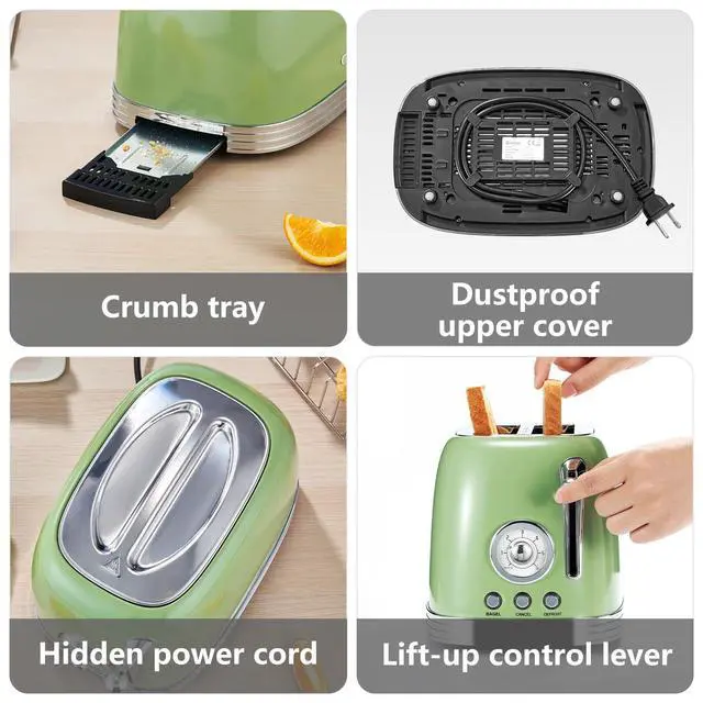 Alt view image 4 of 7 - Green Cute Retro Toaster 2 Slice with 1.58" Wide Slots, with Stainless Steel Lid, with Warming Rack, Preheat, Defrost, Countdown Timer Display