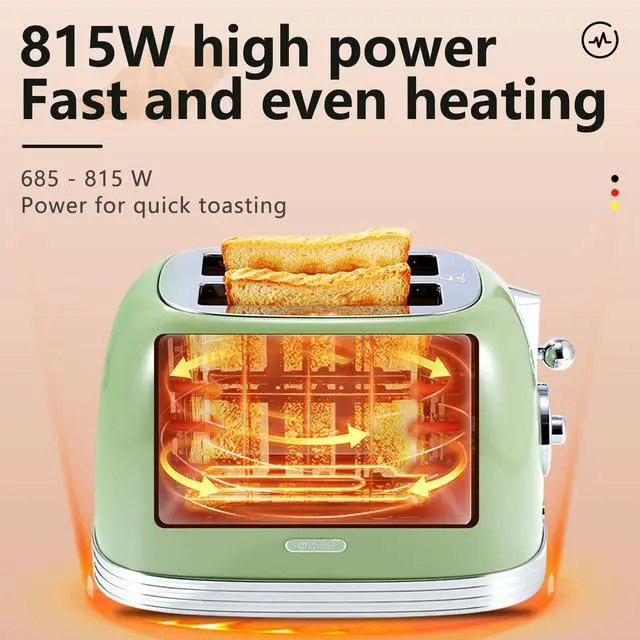Alt view image 5 of 7 - Green Cute Retro Toaster 2 Slice with 1.58" Wide Slots, with Stainless Steel Lid, with Warming Rack, Preheat, Defrost, Countdown Timer Display