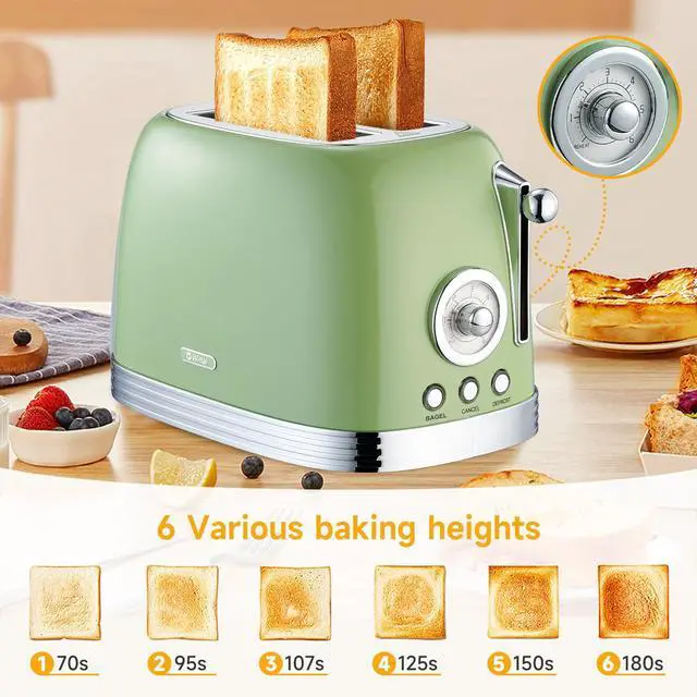 Alt view image 6 of 7 - Green Cute Retro Toaster 2 Slice with 1.58" Wide Slots, with Stainless Steel Lid, with Warming Rack, Preheat, Defrost, Countdown Timer Display