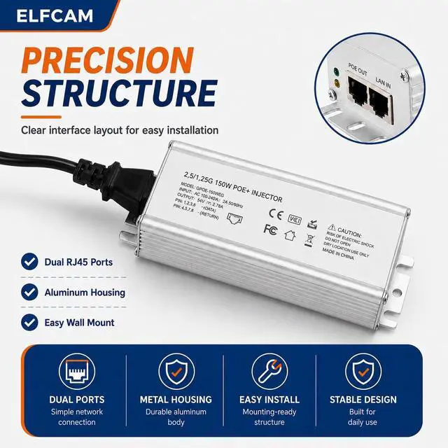 Alt view image 3 of 7 - 150W PoE Injector 2.5Gb/1.25Gb for Starlink Gen 3 Dish, Material Aluminium Alloy for Heat Dissipation,Input 100-240V AC and Output 150W, Plug-and-Play, Wall-Mounted Installation