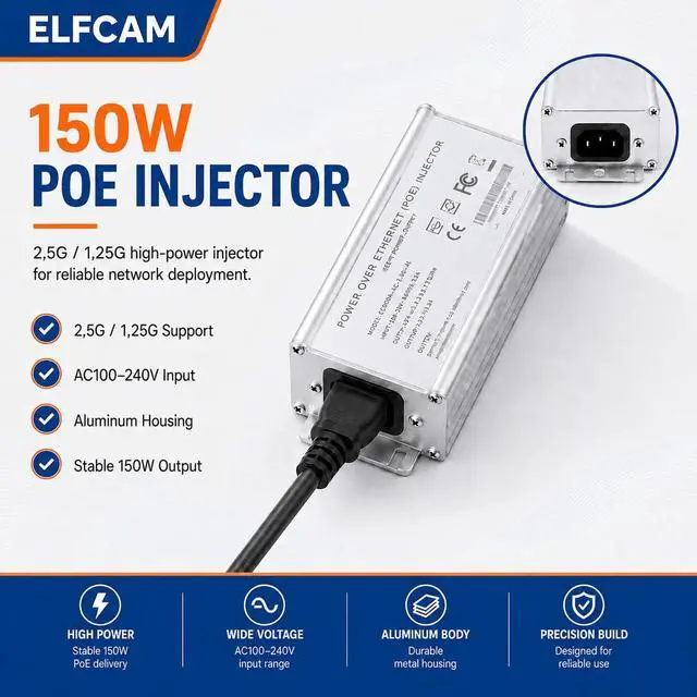 Alt view image 4 of 7 - 150W PoE Injector 2.5Gb/1.25Gb for Starlink Gen 3 Dish, Material Aluminium Alloy for Heat Dissipation,Input 100-240V AC and Output 150W, Plug-and-Play, Wall-Mounted Installation