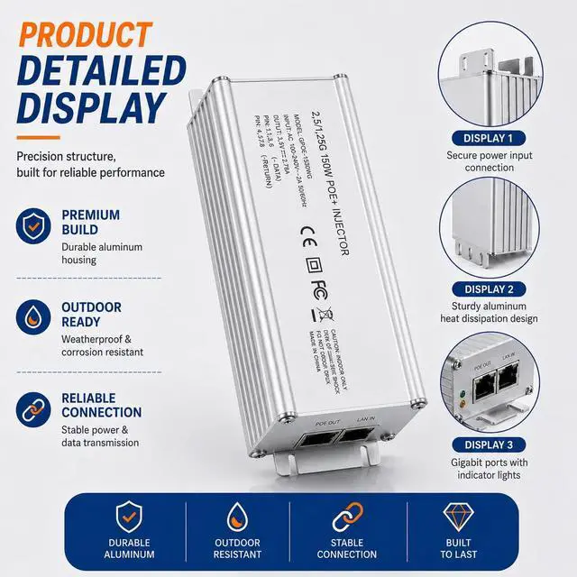Alt view image 5 of 7 - 150W PoE Injector 2.5Gb/1.25Gb for Starlink Gen 3 Dish, Material Aluminium Alloy for Heat Dissipation,Input 100-240V AC and Output 150W, Plug-and-Play, Wall-Mounted Installation