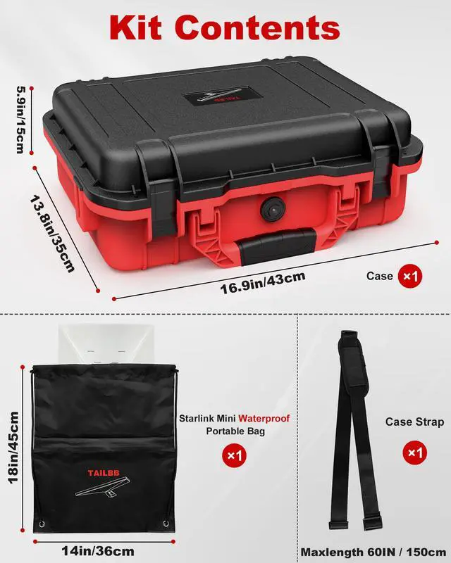 Alt view image 6 of 7 - for Starlink Mini Case, Starlink Mini Accessories Kit Gen 4 Waterproof Black & Red Design Hard Case,Waterproof Pouch Bag & Shoulder Strap,Ideal for Travel, RV, Camping,Backpack Carrying Storage Mount