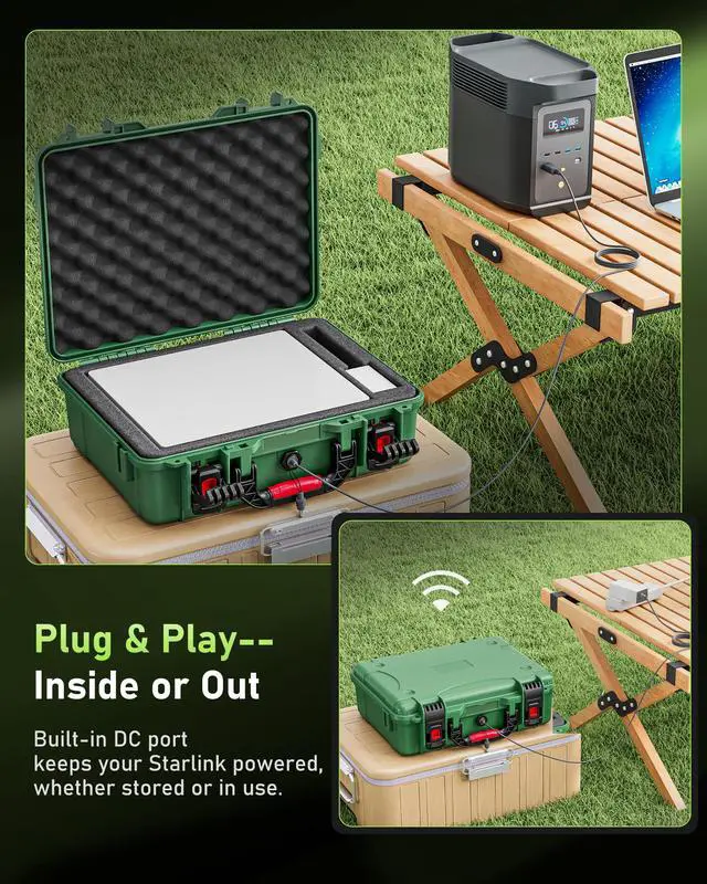 Alt view image 3 of 7 - Starlink Mini Case, IP67 Waterproof Hard Shell with DC Port, Green | Protective Storage for Dish Accessories | Portable Carrying Design | Camping, RV and Outdoor Travel