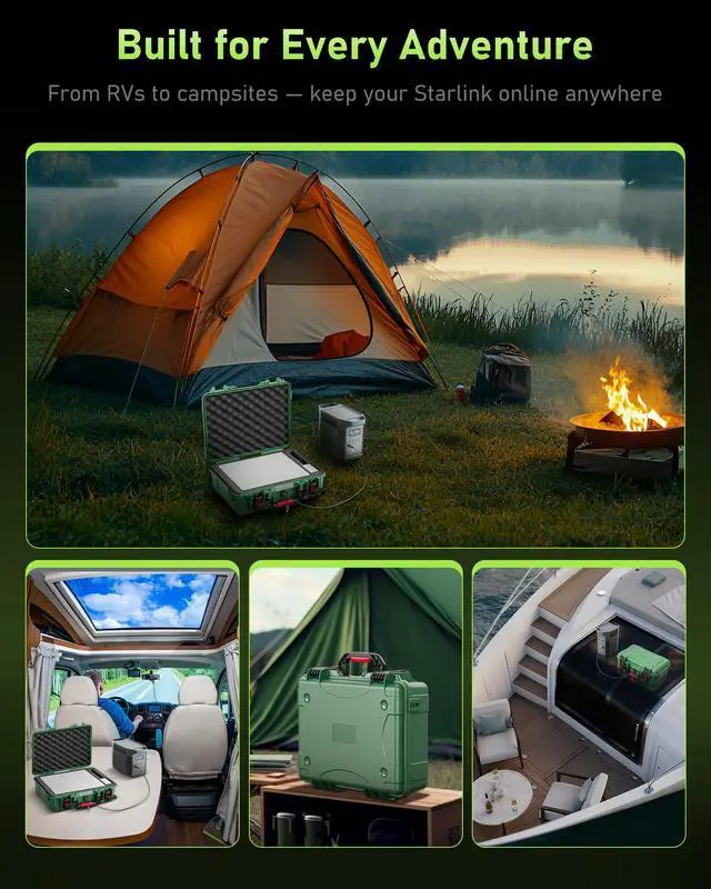 Alt view image 7 of 7 - Starlink Mini Case, IP67 Waterproof Hard Shell with DC Port, Green | Protective Storage for Dish Accessories | Portable Carrying Design | Camping, RV and Outdoor Travel