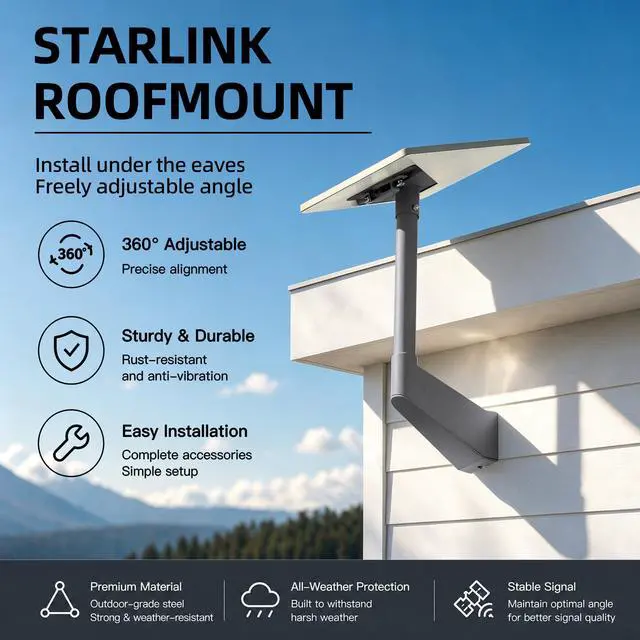 Alt view image 6 of 7 - Starlink Mini Wall Mount, 360° Adjustable Metal Bracket Eave Roof Mount Kit | Weatherproof metal mount with 360° adjustment, drill template, cable clips & hardware included for Starlink Mini setup