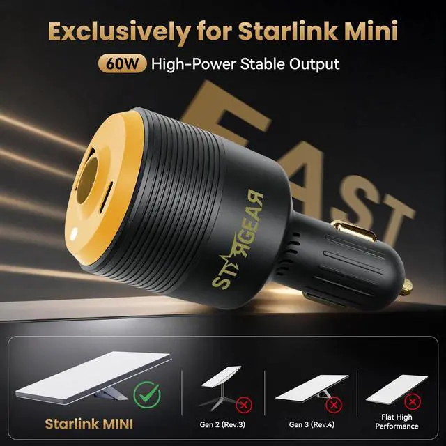 Alt view image 7 of 7 - Starlink Mini 3-in-1 Car Adapter, 12V to 30V DC Step Up Converter with Dual USB Ports, 60W Car Cigarette Lighter Adapter for Starlink Mini, Supports 16AWG 50M Cable,Ideal for RV,Boat,Trailer