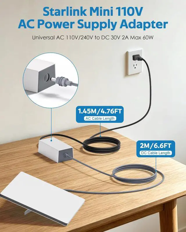 Alt view image 2 of 7 - Starlink Mini AC 110V Power Supply Adapter 30V 2A 60W 11.5FT/3.5M Cable | 30V 2A Stable Output 60W Starlink Mini 110V-240V AC Adapter, with 2M waterproof DC Power Cord Fast Charging AC/ DC Adapter