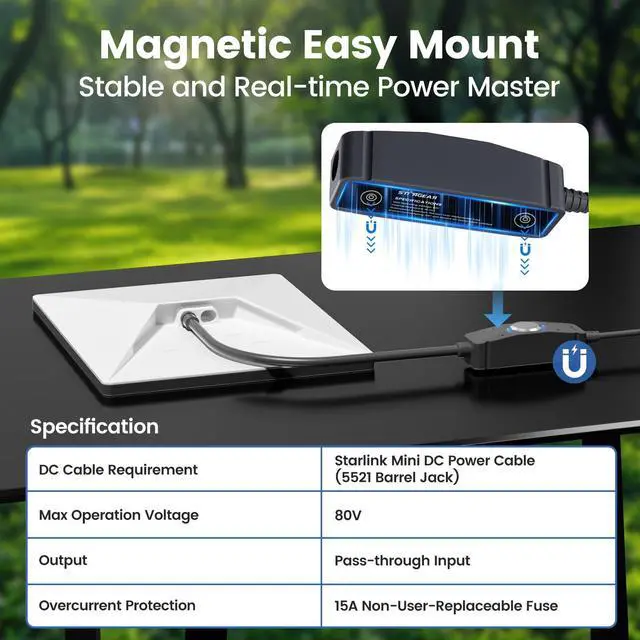 Alt view image 4 of 7 - Power Switch for Starlink Mini/Gen 3 Cable, 16m IP67 Waterproof with Magnetic Base Outdoor Switch, 16AWG 1FT Extension Cable Power Cord & Adapter with One-Touch Metal Button&Dual LEDs for RV