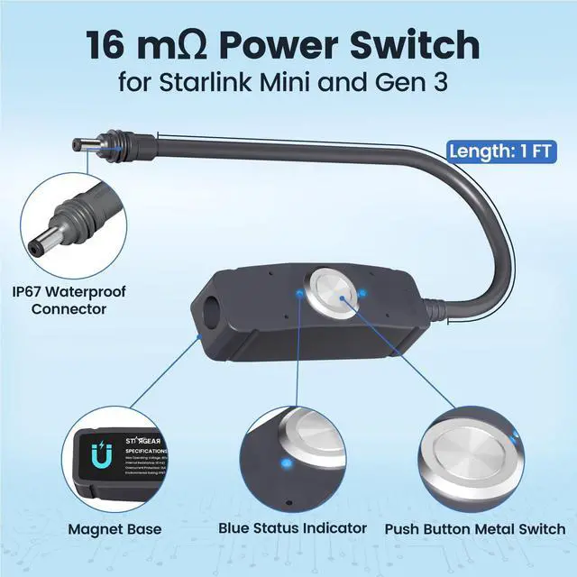 Alt view image 6 of 7 - Power Switch for Starlink Mini/Gen 3 Cable, 16m IP67 Waterproof with Magnetic Base Outdoor Switch, 16AWG 1FT Extension Cable Power Cord & Adapter with One-Touch Metal Button&Dual LEDs for RV