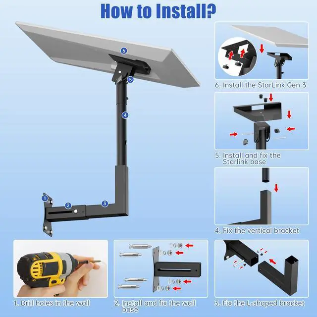 Alt view image 5 of 7 - Starlink Gen 3 Wall Mount, Heavy Duty Steel Adjustable Roof Long Bracket | Starlink Wall Mount with Telescoping Arm, Fits Starlink 4/4X/V3/Gen 3, Rustproof, Weatherproof for Wood/Concrete Walls