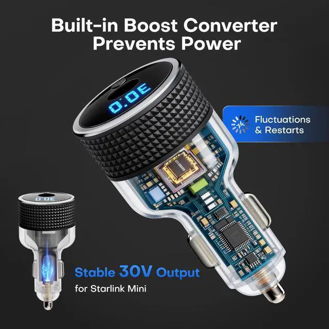 Alt view image 4 of 7 - Starlink Mini 12V/24V to 30V Car Adapter, 60W Cigarette Lighter | Digital voltage display, supports 16AWG 30M cable, all-metal body, ideal for RVs, boats, trucks and off-grid use.