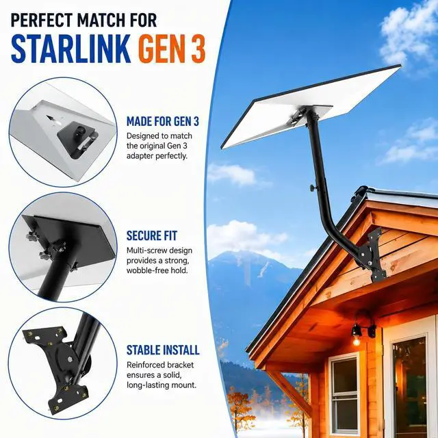 Alt view image 4 of 7 - Starlink Mount for Gen 3& Gen 4/4X, 360° Adjustable with Widened Base | Extendable Pole, Wall & Roof Mounting Kit Compatible with Standard V4/4X Starlink Pipe Adapter, Hardware for Concrete/Wood