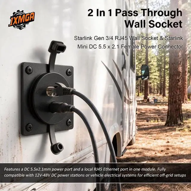 Alt view image 2 of 7 - RV 2 in 1 Pass Through RJ45 & DC Wall Socket for Starlink Mini Gen3/4 | Shielded CAT6 Ethernet Aluminum Bulkhead Panel Connector, DC 5.5 x 2.1 Female to Male, Waterproof, for RV Camper Trailer