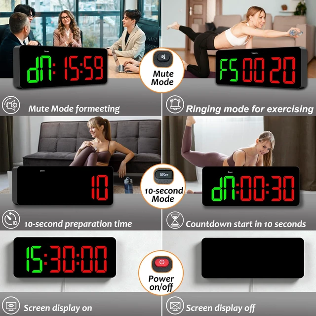 Alt view image 5 of 7 - Gym Clock Timer for Tabata/FGB/EMOM Interval Workout | Large LED Display, Digital Wall Clock with Seconds, Remote Control, Cont Up Down for Classroom Home Garage Office