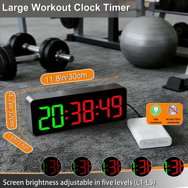 Alt view image 4 of 7 - Gym Clock Timer for Tabata/FGB/EMOM Interval Workout | Large LED Display, Digital Wall Clock with Seconds, Remote Control, Cont Up Down for Classroom Home Garage Office