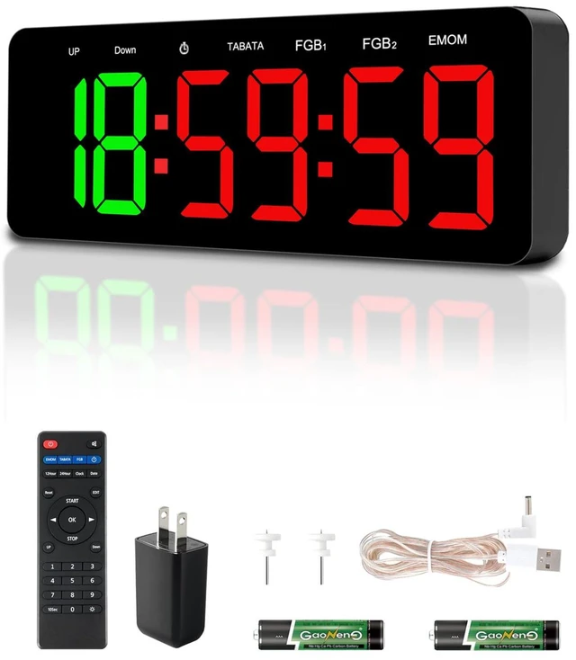 Main image of Gym Clock Timer for Tabata/FGB/EMOM Interval Workout | Large LED Display, Digital Wall Clock with Seconds, Remote Control, Cont Up Down for Classroom Home Garage Office