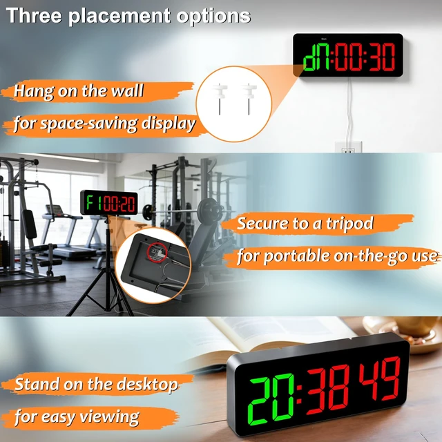 Alt view image 6 of 7 - Gym Clock Timer for Tabata/FGB/EMOM Interval Workout | Large LED Display, Digital Wall Clock with Seconds, Remote Control, Cont Up Down for Classroom Home Garage Office