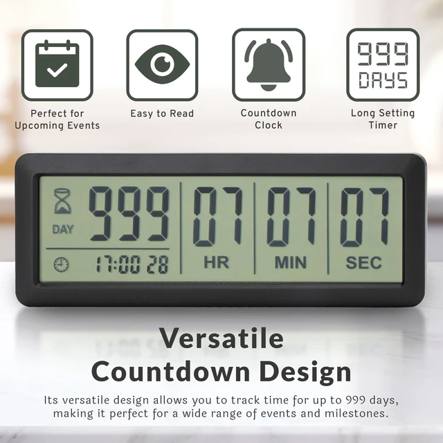 Alt view image 3 of 6 - Large LCD Digital Countdown Timer - Up to 999 Days Big Display Count Down Clock for Retirement, Wedding, Birthday, Holiday & All Events (Black)