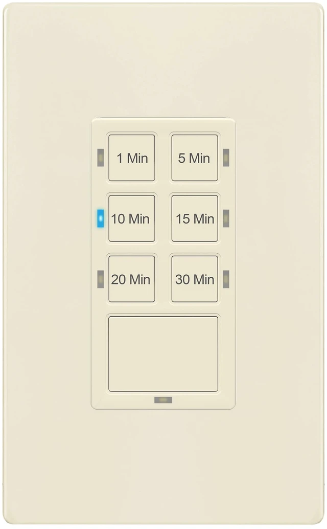 Main image of 30-Minute Neutral Countdown Timer Switch for Bathroom Fans, Light Almond | 1-5-10-15-20-30 Min, Wall Switch Timer for Exhaust Fans, Lights, UL Listed, LED Indicator, 120VAC 800W, Screwless Wall Plate