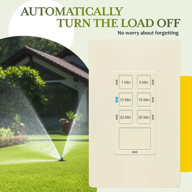 Alt view image 4 of 7 - 30-Minute Neutral Countdown Timer Switch for Bathroom Fans, Light Almond | 1-5-10-15-20-30 Min, Wall Switch Timer for Exhaust Fans, Lights, UL Listed, LED Indicator, 120VAC 800W, Screwless Wall Plate
