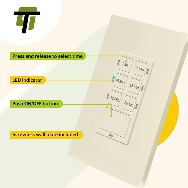 Alt view image 5 of 7 - 30-Minute Neutral Countdown Timer Switch for Bathroom Fans, Light Almond | 1-5-10-15-20-30 Min, Wall Switch Timer for Exhaust Fans, Lights, UL Listed, LED Indicator, 120VAC 800W, Screwless Wall Plate