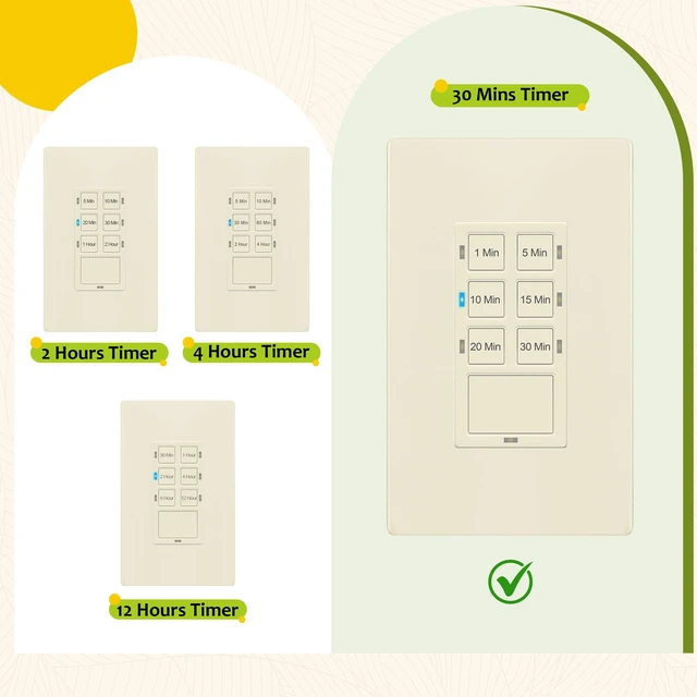 Alt view image 6 of 7 - 30-Minute Neutral Countdown Timer Switch for Bathroom Fans, Light Almond | 1-5-10-15-20-30 Min, Wall Switch Timer for Exhaust Fans, Lights, UL Listed, LED Indicator, 120VAC 800W, Screwless Wall Plate