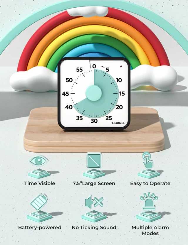 Alt view image 2 of 7 - 7.5-Inch Large Visual Timer, 60-Minute Classroom Timer Magnetic | Non-Ticking, 3-level Volume, 3 Alarm Modes, Kids Countdown Timer for Classroom Kitchen Office ADHD, AA Batteries Included
