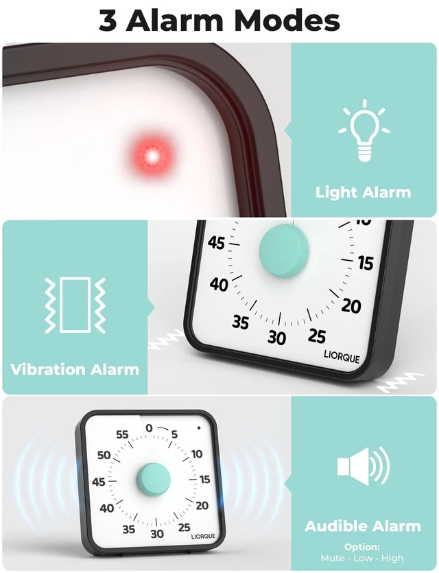 Alt view image 7 of 7 - 7.5-Inch Large Visual Timer, 60-Minute Classroom Timer Magnetic | Non-Ticking, 3-level Volume, 3 Alarm Modes, Kids Countdown Timer for Classroom Kitchen Office ADHD, AA Batteries Included