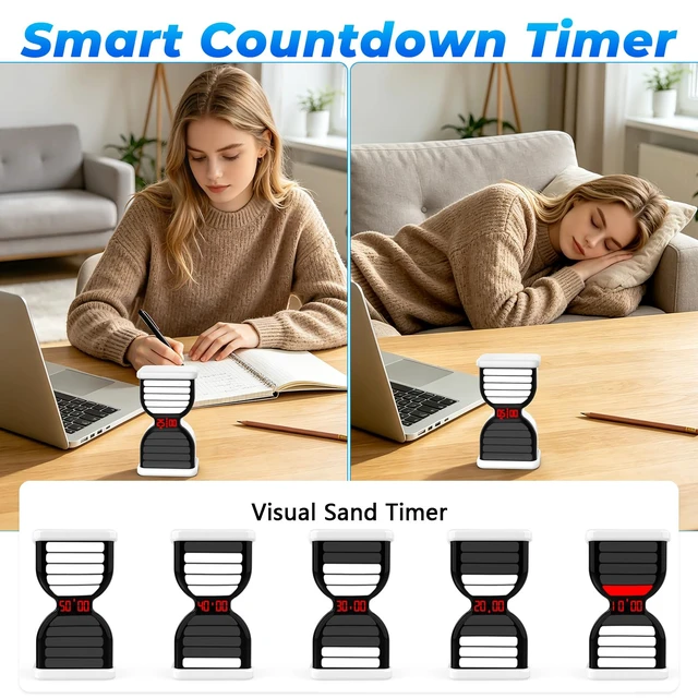 Alt view image 5 of 7 - Digital Hourglass Timer for Productivity, Visual Countdown with Flight Flow | 5/25Min Preset, Custom Countdown, On/Off, Rechargeable, Silent, Desk Flip Hourglass Timer for ADHD Gift Study, Work,
