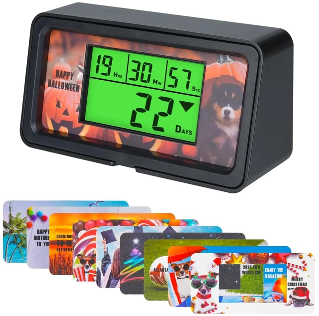 Main image of 9999-Day Countdown Clock with 10 Cards for Wedding and Vacation | Shows total days, hours, minutes and seconds; 10 swappable paper themes, magnetic frame, 12/24-hour clock, 1-minute alert