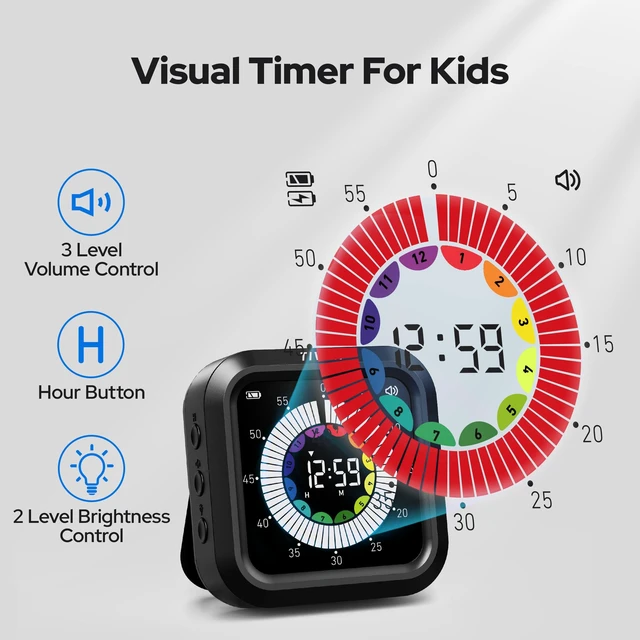 Alt view image 2 of 7 - Visual Timer for Kids with Color Display Kitchen Timer 1500mAh Battery | Memory Function Scroll Wheel Control, Magnetic Back with Stand, Up to 12h59m Countdown, Kitchen, Study & Classroom