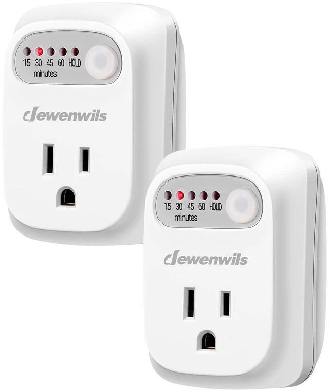 Main image of Indoor Countdown Timer Outlet, 15/30/45/60min Settings | 2 Pack, Auto Shut Off, 125V/15A Resistive/1000W Tungsten, 3 Prong, 1/3 HP, Safety Outlet for Seasonal Decor, Coffee Pot