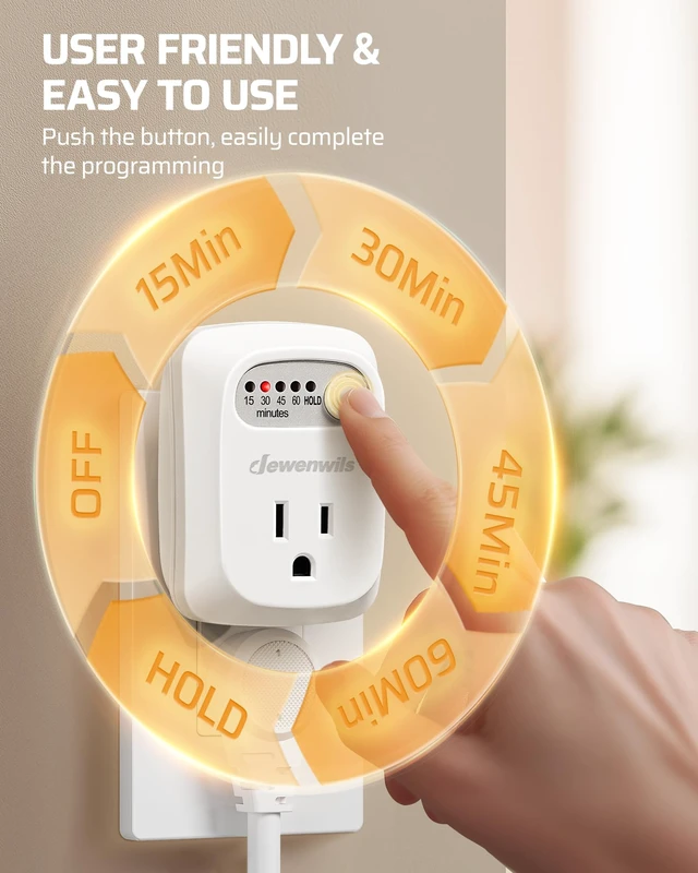 Alt view image 2 of 7 - Indoor Countdown Timer Outlet, 15/30/45/60min Settings | 2 Pack, Auto Shut Off, 125V/15A Resistive/1000W Tungsten, 3 Prong, 1/3 HP, Safety Outlet for Seasonal Decor, Coffee Pot