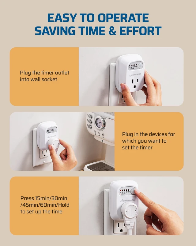 Alt view image 5 of 7 - Indoor Countdown Timer Outlet, 15/30/45/60min Settings | 2 Pack, Auto Shut Off, 125V/15A Resistive/1000W Tungsten, 3 Prong, 1/3 HP, Safety Outlet for Seasonal Decor, Coffee Pot